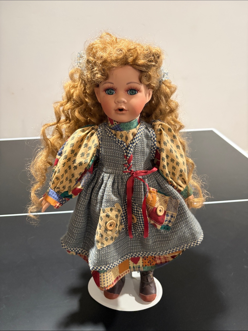 Girl Porcelain Doll in Yellow & Gray Patchwork Dress